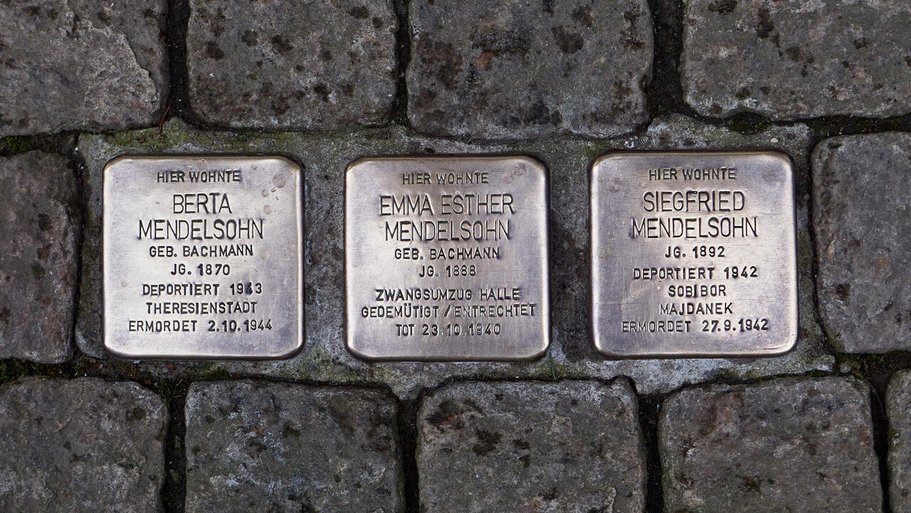 Three of 10 Stolpersteine, or Stumbling Stones, memorializing Jews murdered by the Nazis that appeared in Zeitz, Germany, before they were stolen on Oct. 7, 2024.           Courtesy Sebastian Striegel